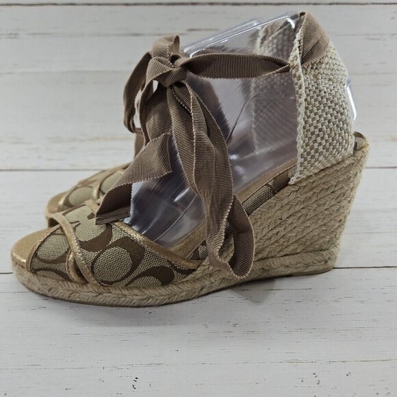 Coach Mila Size 9 Lace Up Gold Khaki Tan Espadrille Jute Wrapped Wedge Sandals - Picture 1 of 12